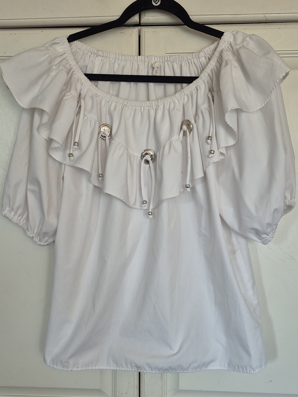Unique Vintage Off-Shoulder White Ruffle Blouse with Bolo Tie Accents